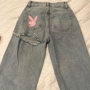 PLAYBOY Women's Boyfriend Jeans in Light Blue with Pink Logo